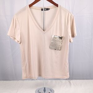 Banana Republic Beige V-Neck Tee with Sequin Pocket